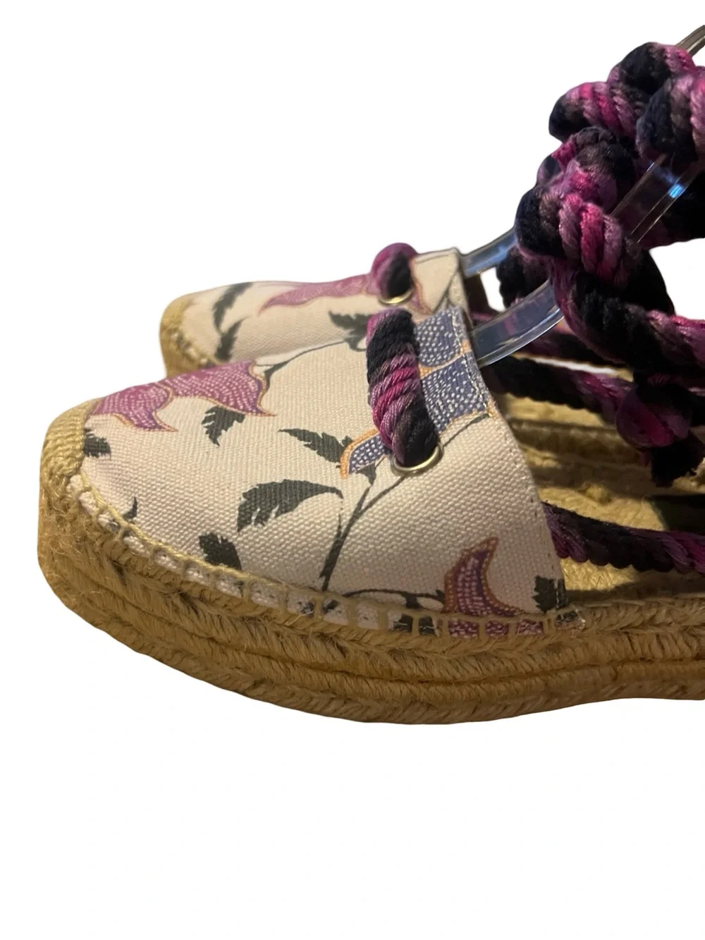 Isabel Marant Floral Canvas Espadrille Wedge Sandals - Pink/Black/Cream 38 7.5